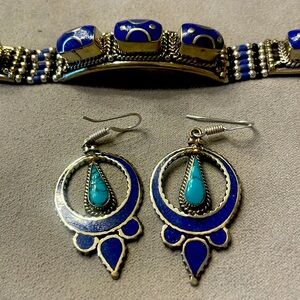 Tibetan, silver, lapis and turquoise earrings, and bracelet set